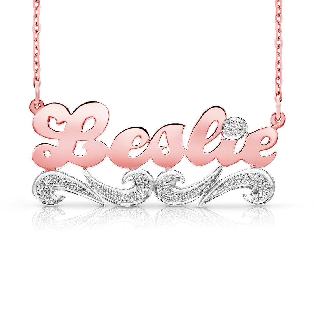 A Sample of the 14 Karat Script Name Necklace with Tail with the name Leslie in Rose