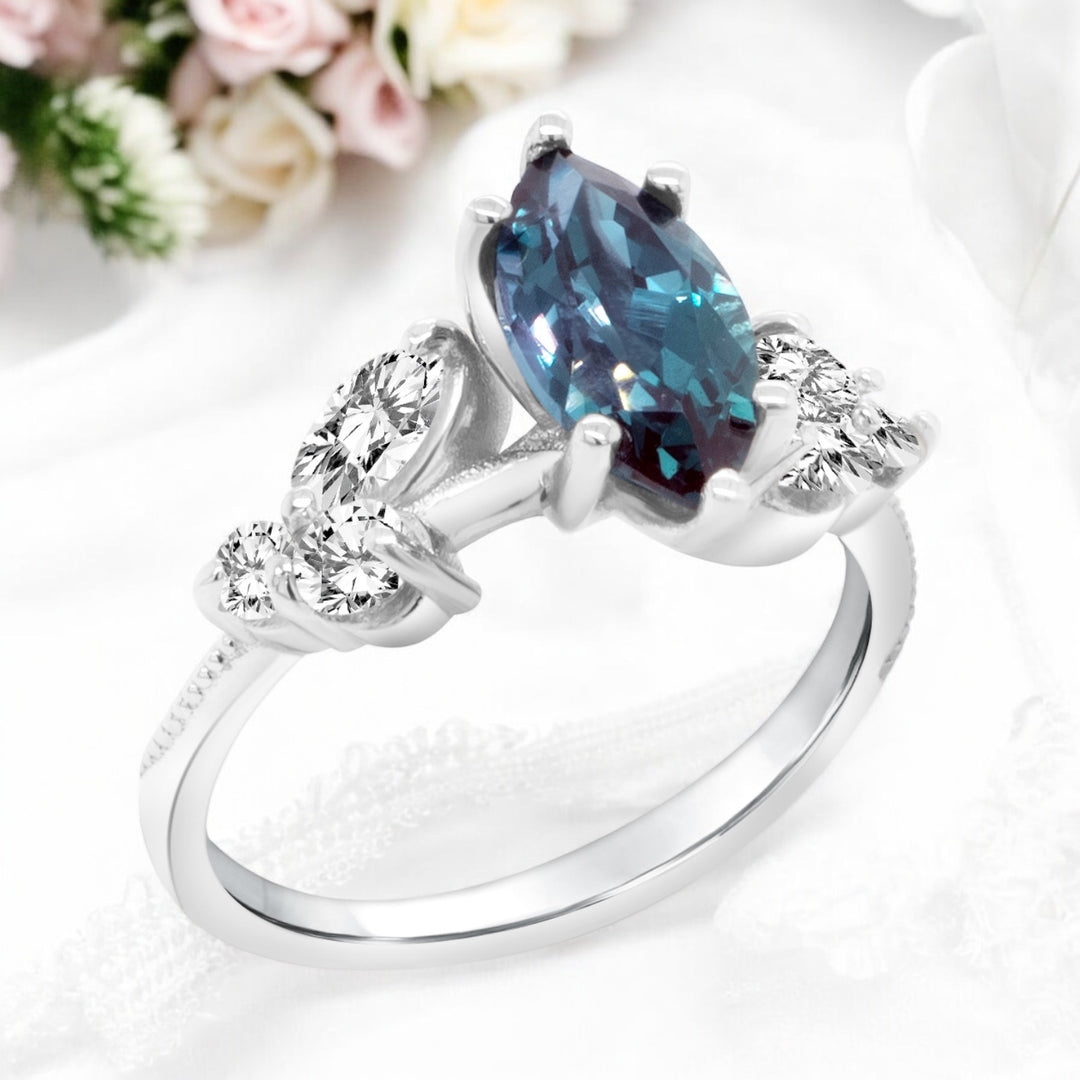 An image showing an angled view of the finished Lab Grown Alexandrite Engagement Ring