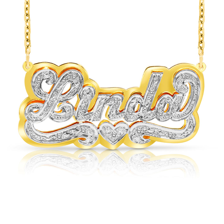 A Sample of the 
14 Karat 3D Name Necklace with Solid Back Plate with the name Linda in Yellow