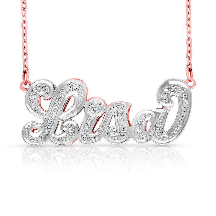 A Sample of the 14 Karat Diamond Cut 3D Name Necklace with the name Lisa in Rose