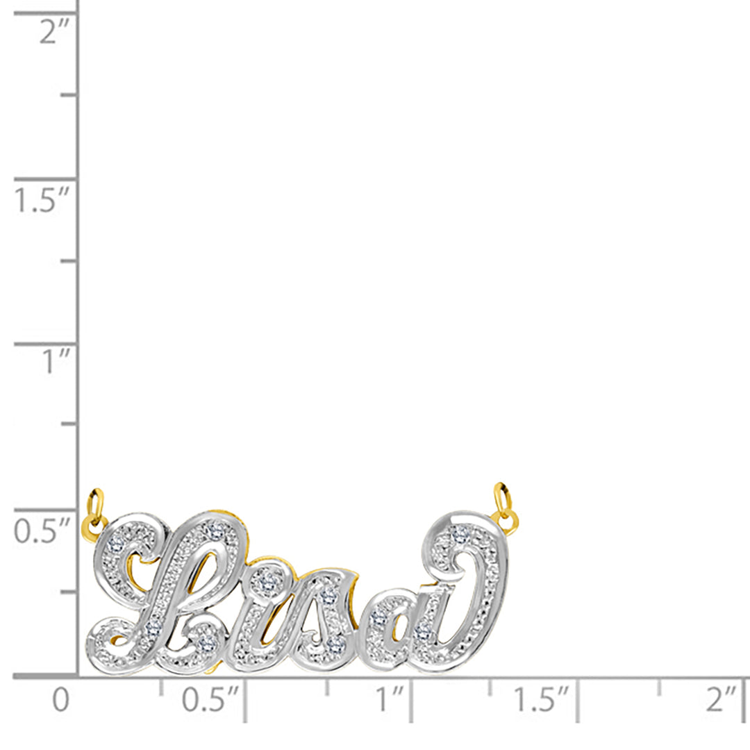 A Sample of the 14 Karat Diamond Cut 3D Name Necklace with the name Lisa on a size chart for reference