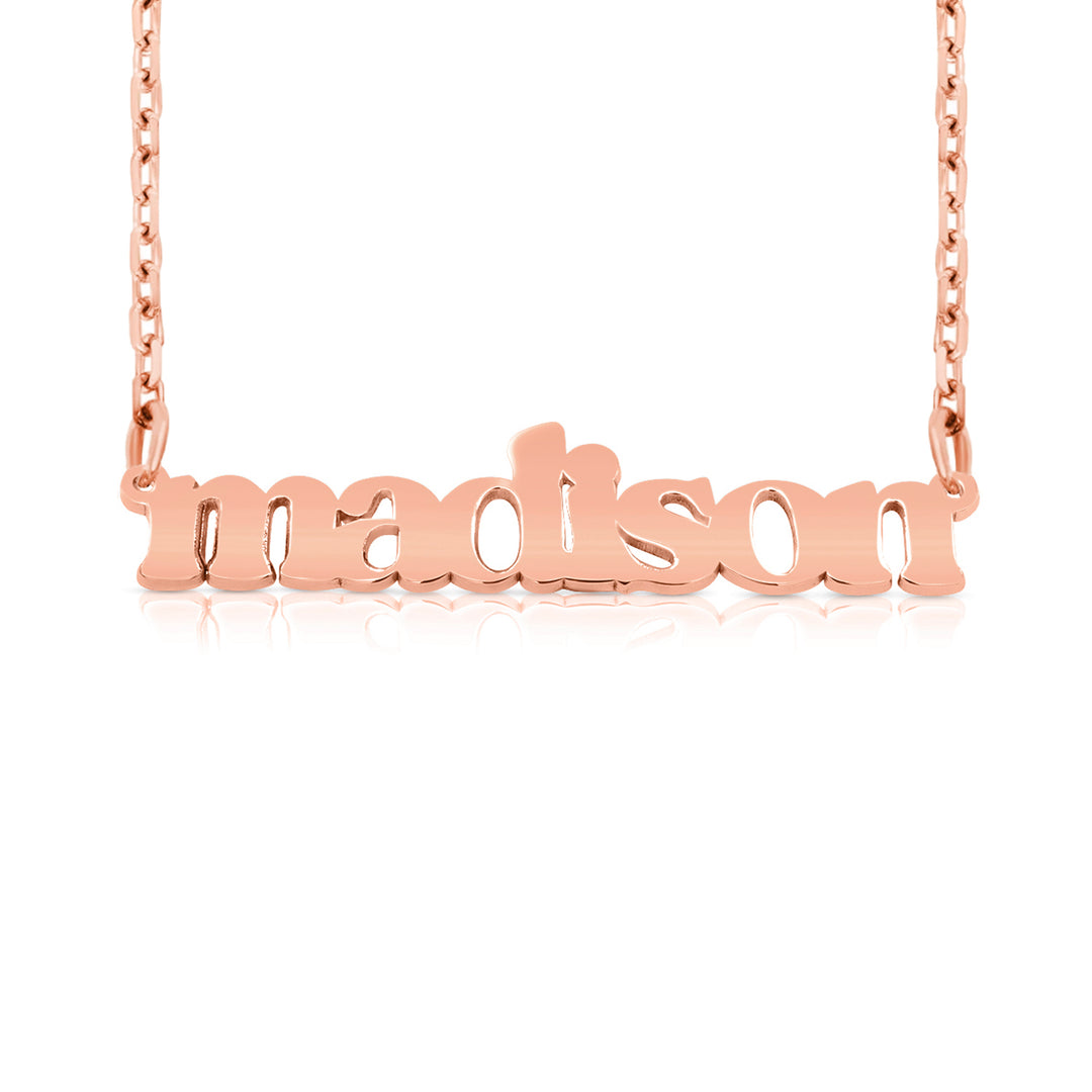 A sample of the nameplate with the name Madison in Rose Gold