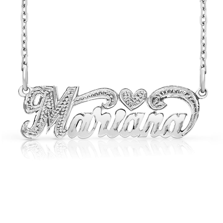 A Sample of the Sterling Silver Small Name Necklace with Heart with the name Mariana in White