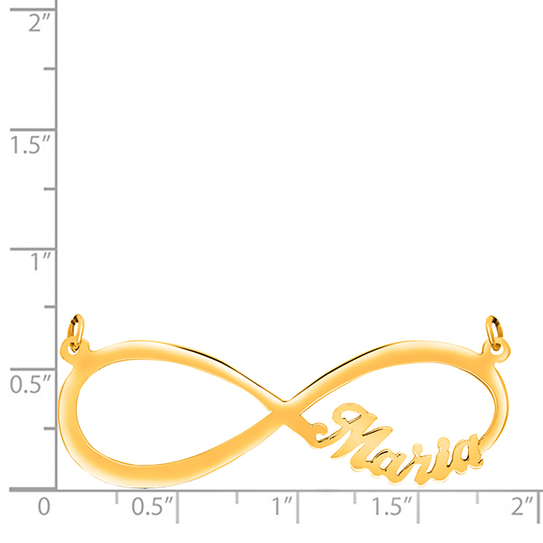 A Sample of the 14 Karat Infinity Name Necklace with the name Maria on a size chart for reference