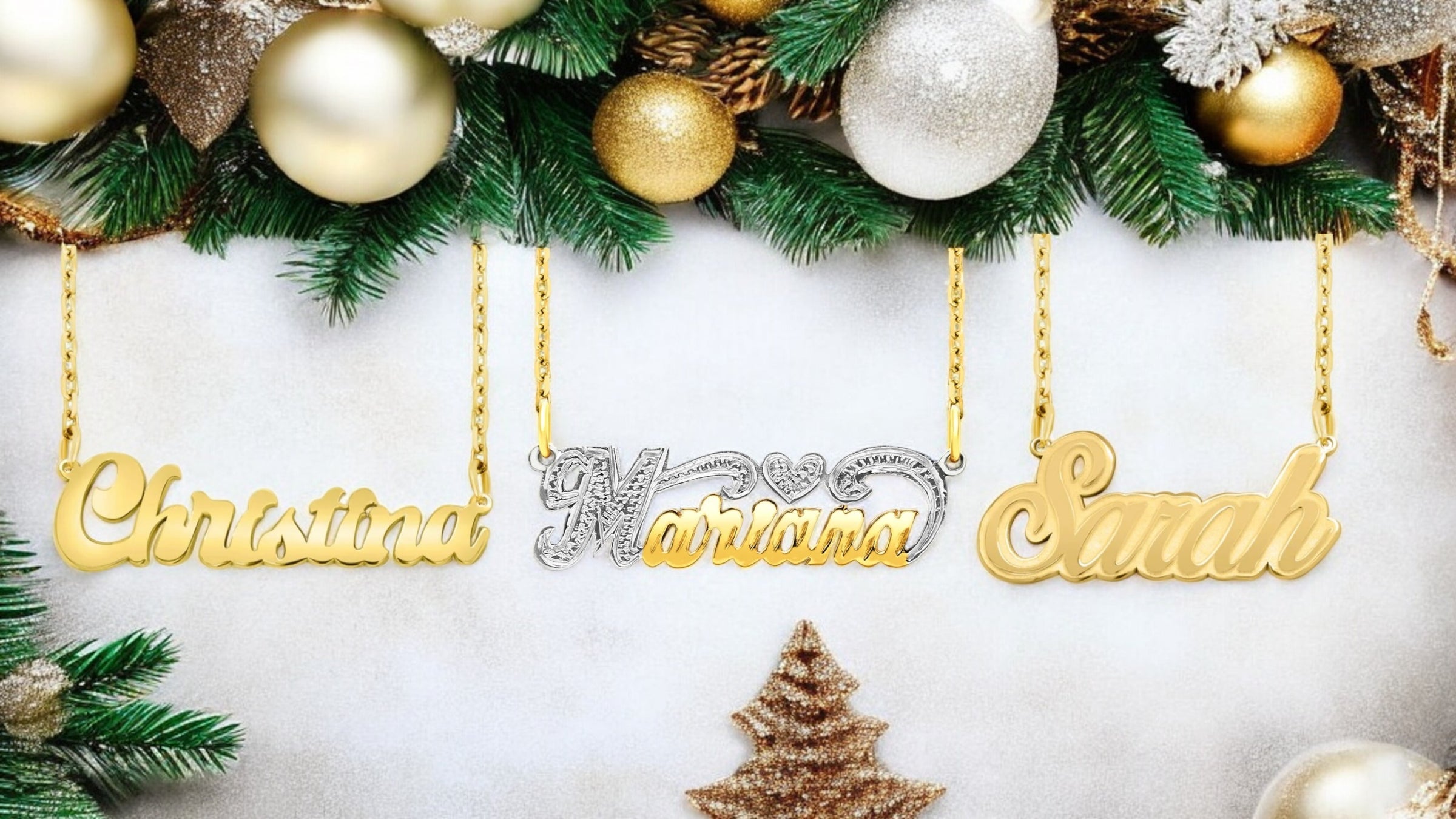 A banner showing some our of name necklace styles on a holiday themed banner