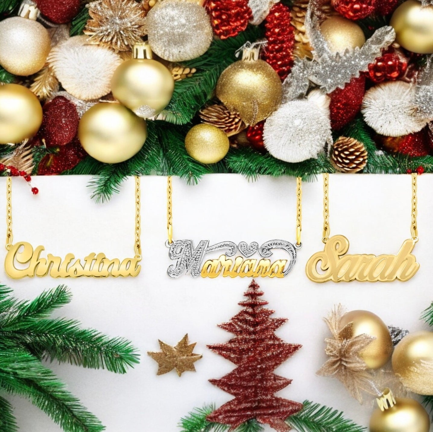 A banner showing some our of name necklace styles on a holiday themed banner