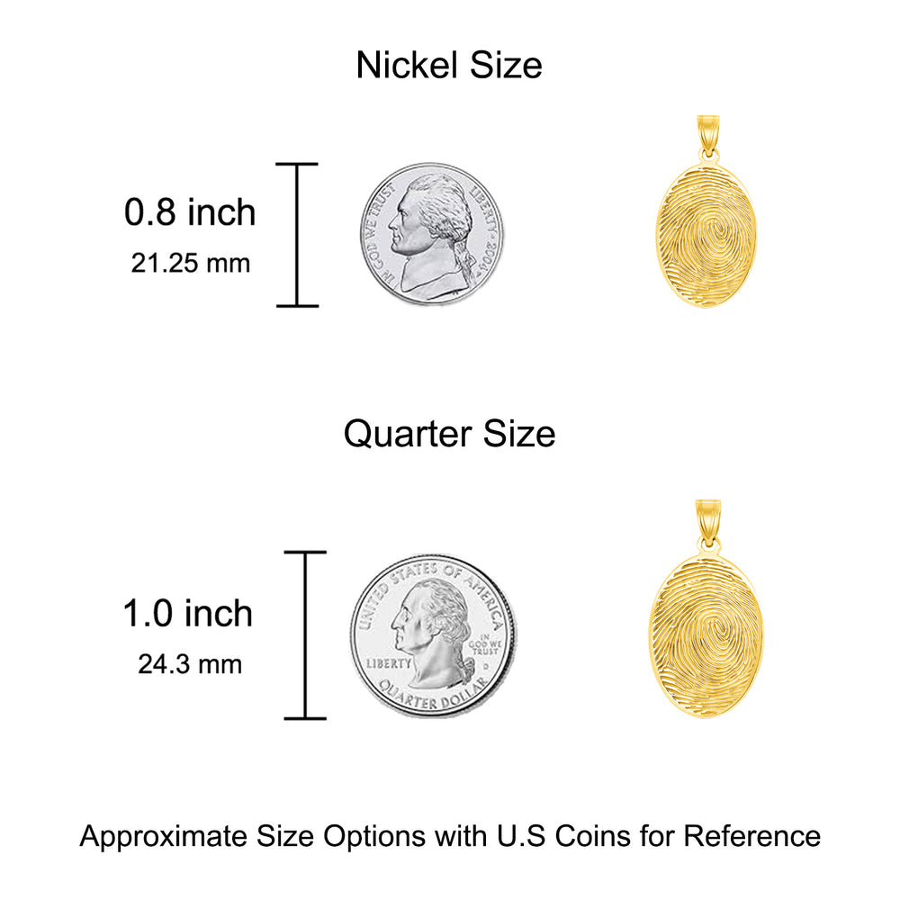 A image of the Oval Shape Memorial Fingerprint Charm Pendant next to a US Nickel and Quarter for size reference