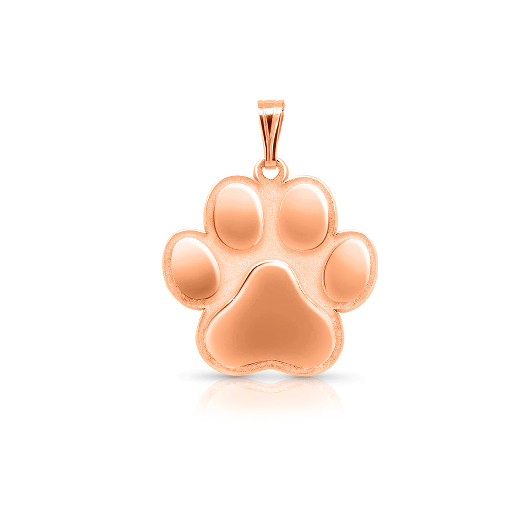 A polished rose gold paw print pendant charm on a clean white background with a soft reflection underneath.