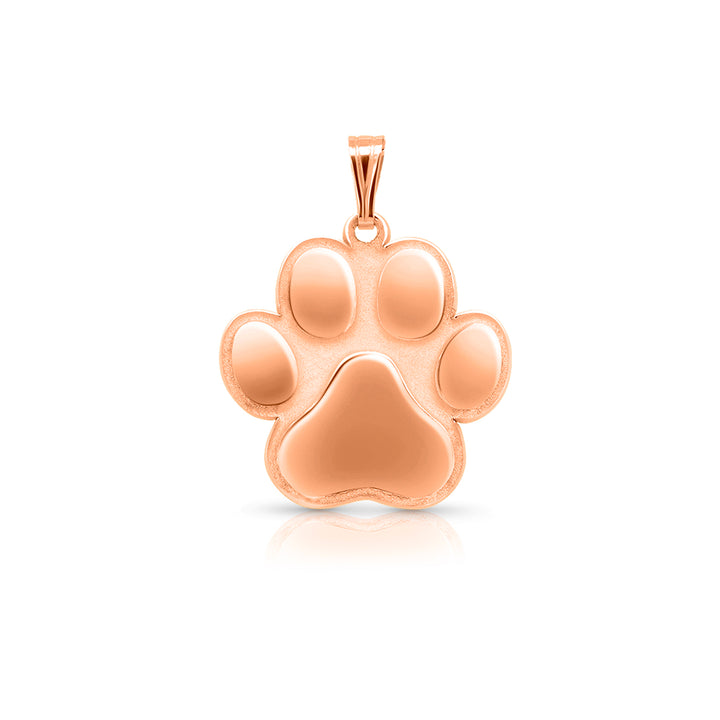 A polished rose gold paw print pendant charm on a clean white background with a soft reflection underneath.