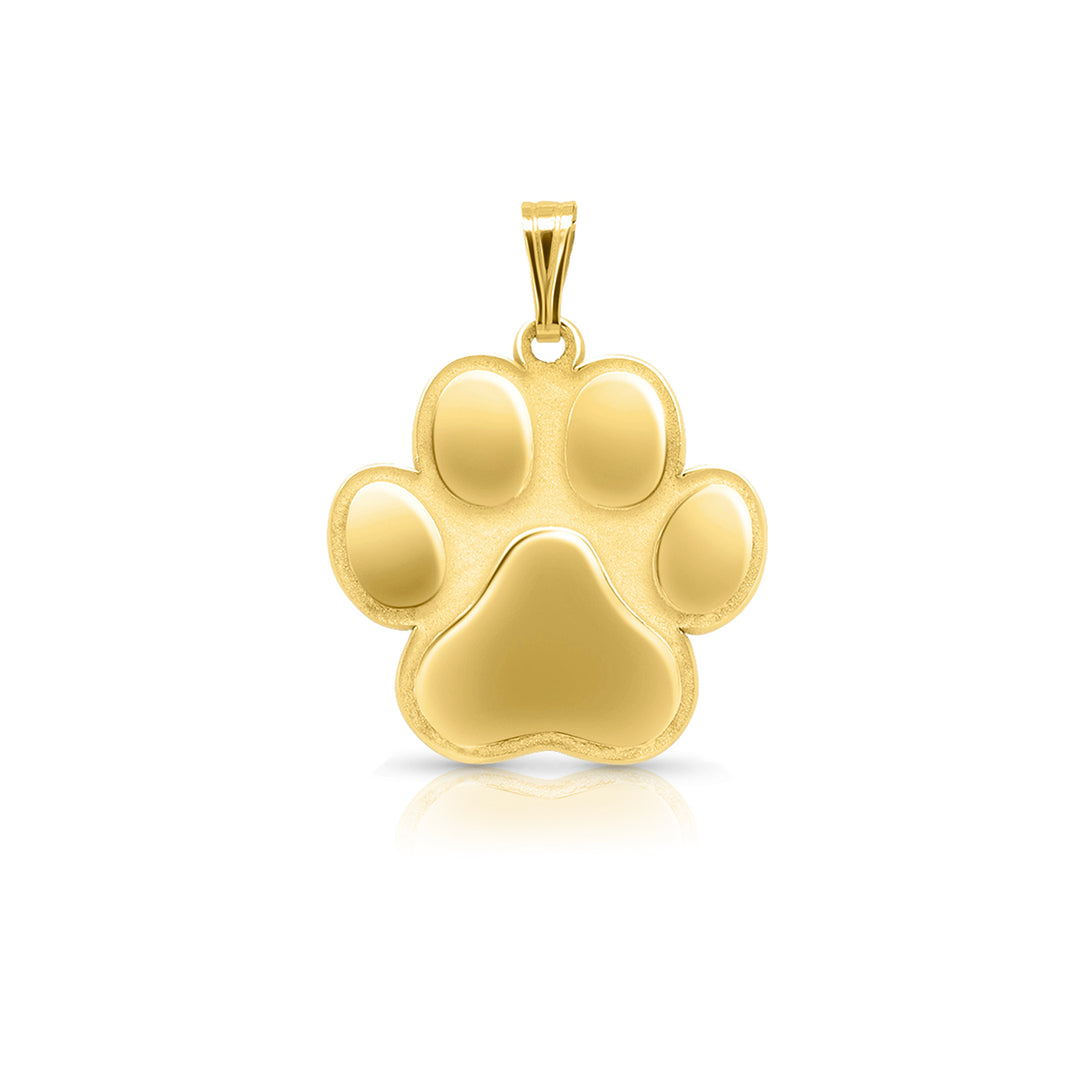 A polished yellow gold paw print pendant charm with a matching bail, shown on a clean white background with a soft reflection underneath.