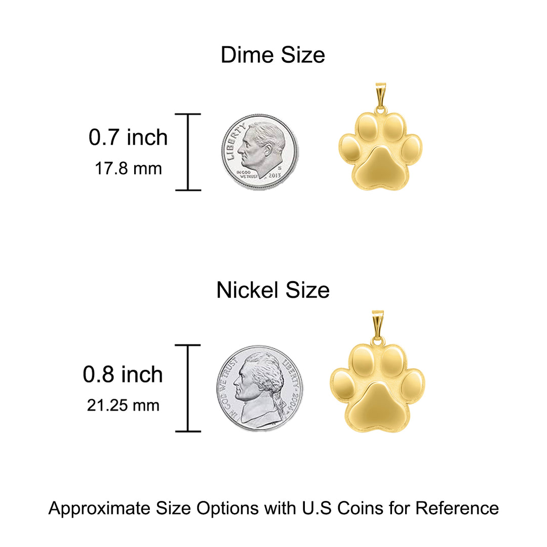 Size comparison graphic for a gold paw-shaped pendant, relative to a US Dime and US Nickel