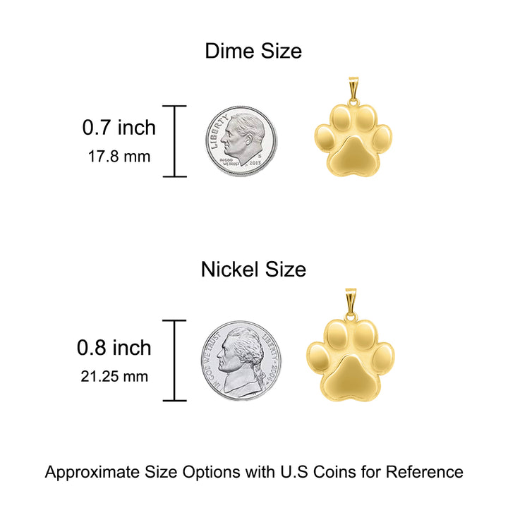 Size comparison graphic for a gold paw-shaped pendant, relative to a US Dime and US Nickel