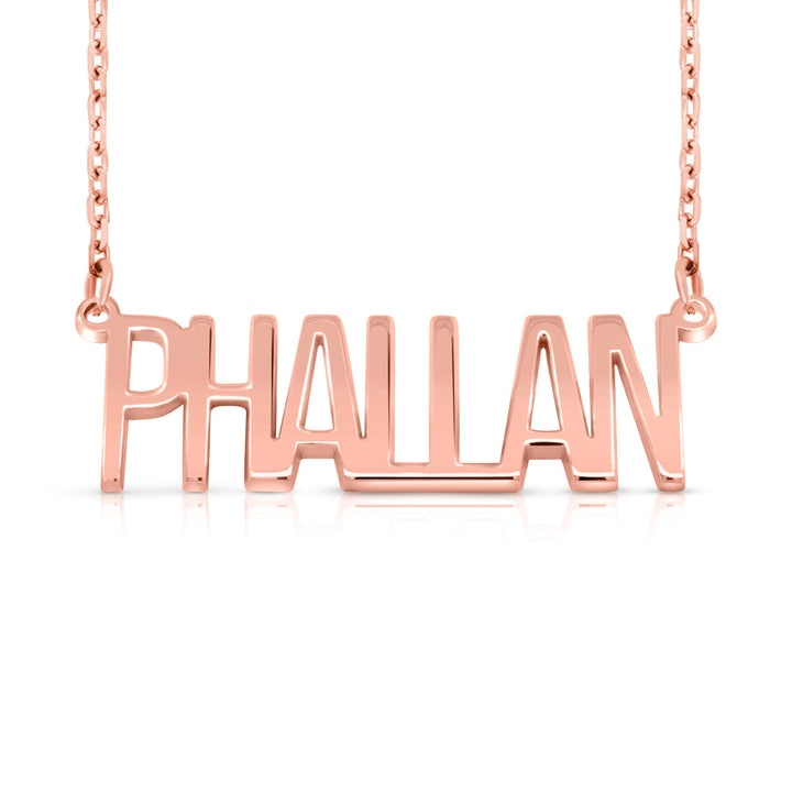 A sample of the nameplate with the name Phallan in Rose Gold