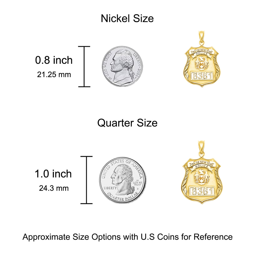 A image showing the Police Badge next to a US Nickel and Quarter for size reference