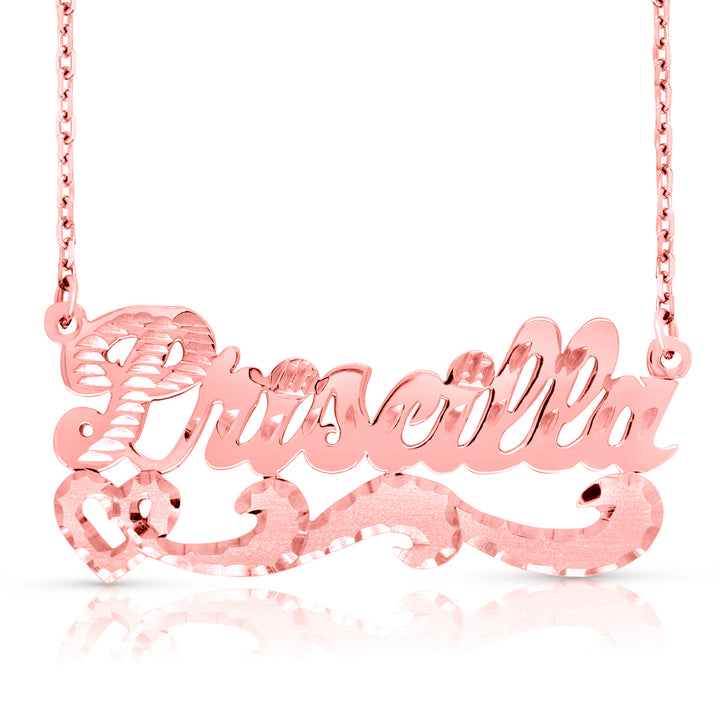 A Sample of the 14 Karat Diamond Cut Name Necklace with the name Priscilla in Rose