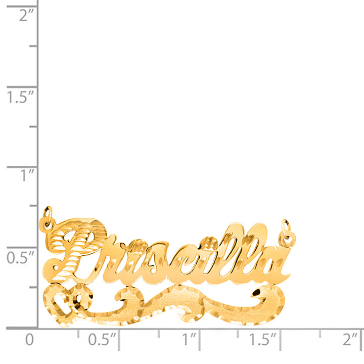 A Sample of the 14 Karat Diamond Cut Name Necklace with the name Priscilla on a size chart for reference