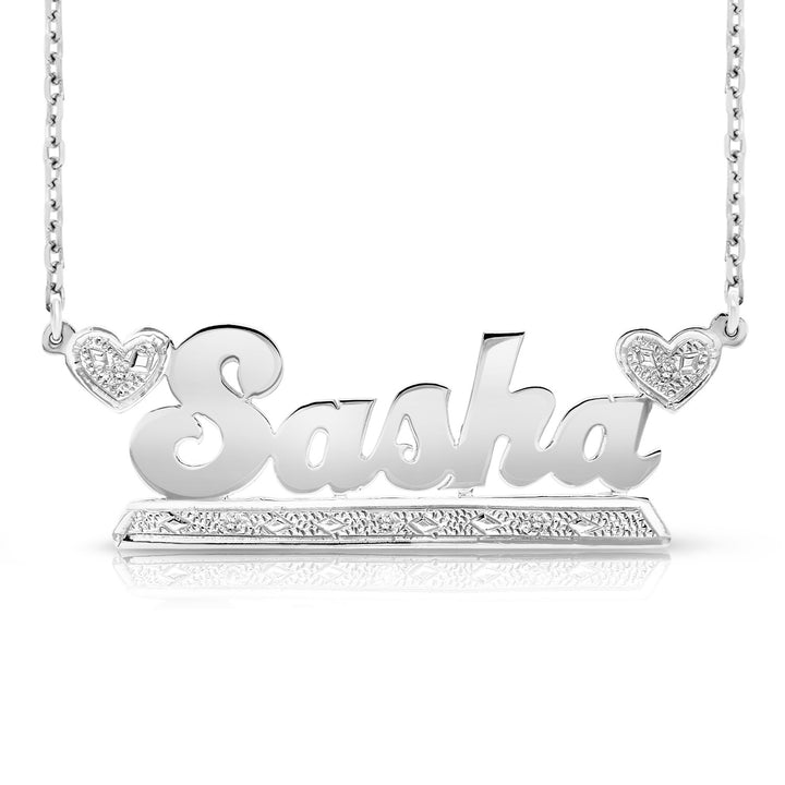 A Sample of the Sterling Silver  Bold Name Necklace with Two Hearts with the name Sasha in White