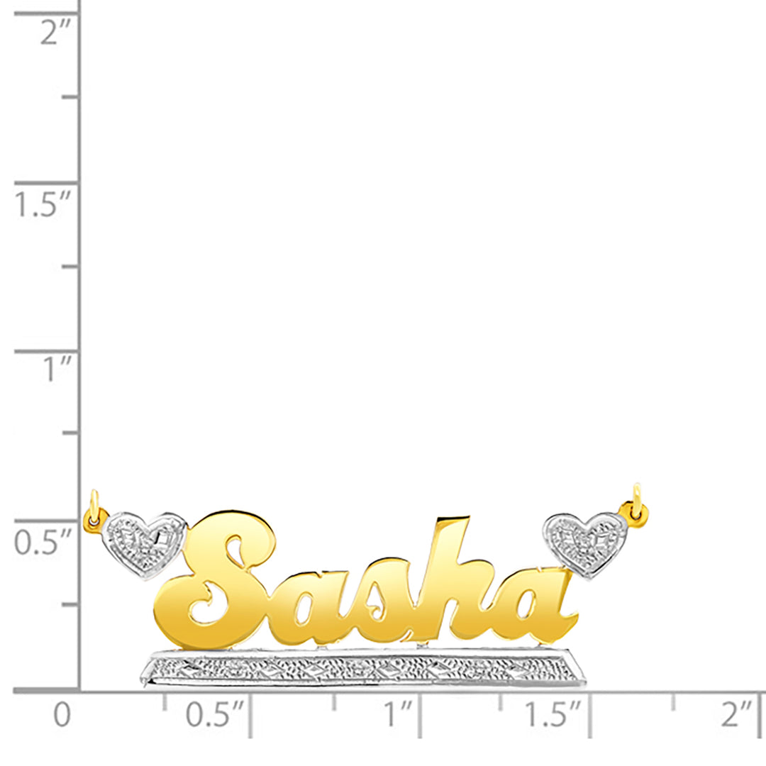 A Sample of the 14 Karat Bold Name Necklace with Two Hearts with the name Sasha on a size chart for reference