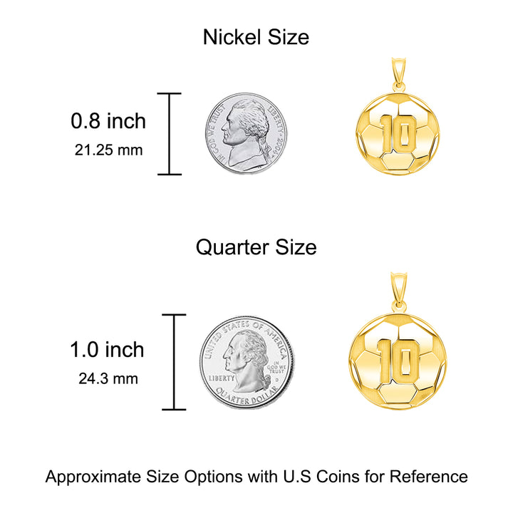 A image of a sample of the Personalized Soccer Ball Charm Pendant next to a US Nickel and Quarter for size reference