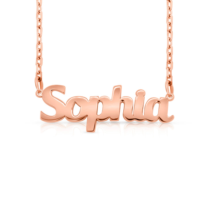 A sample of the nameplate with the name Sophia in Rose Gold