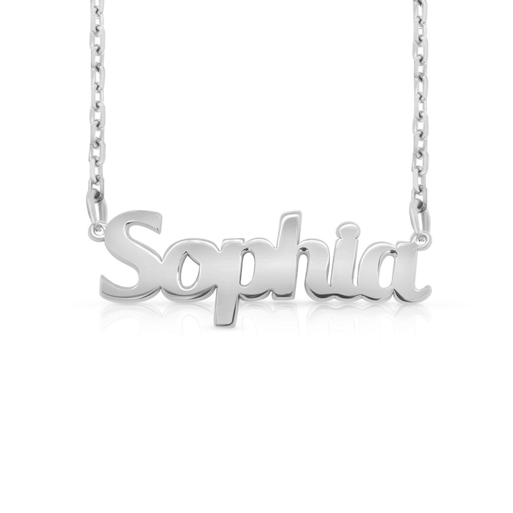 A sample of the nameplate with the name Sophia in White Gold