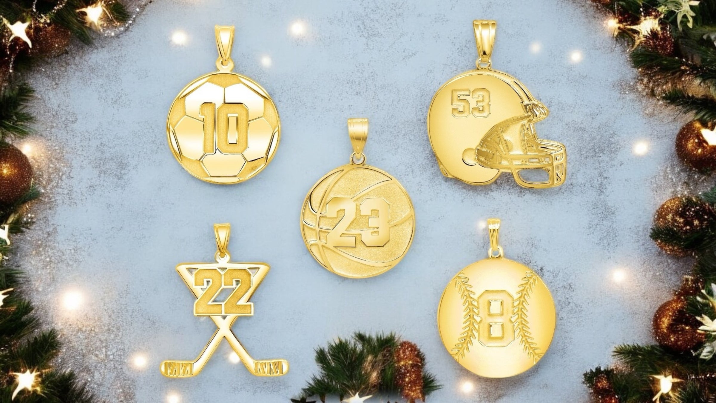 A banner showing the different sample of Personalized Sports Jewelry we make on a holiday themed background