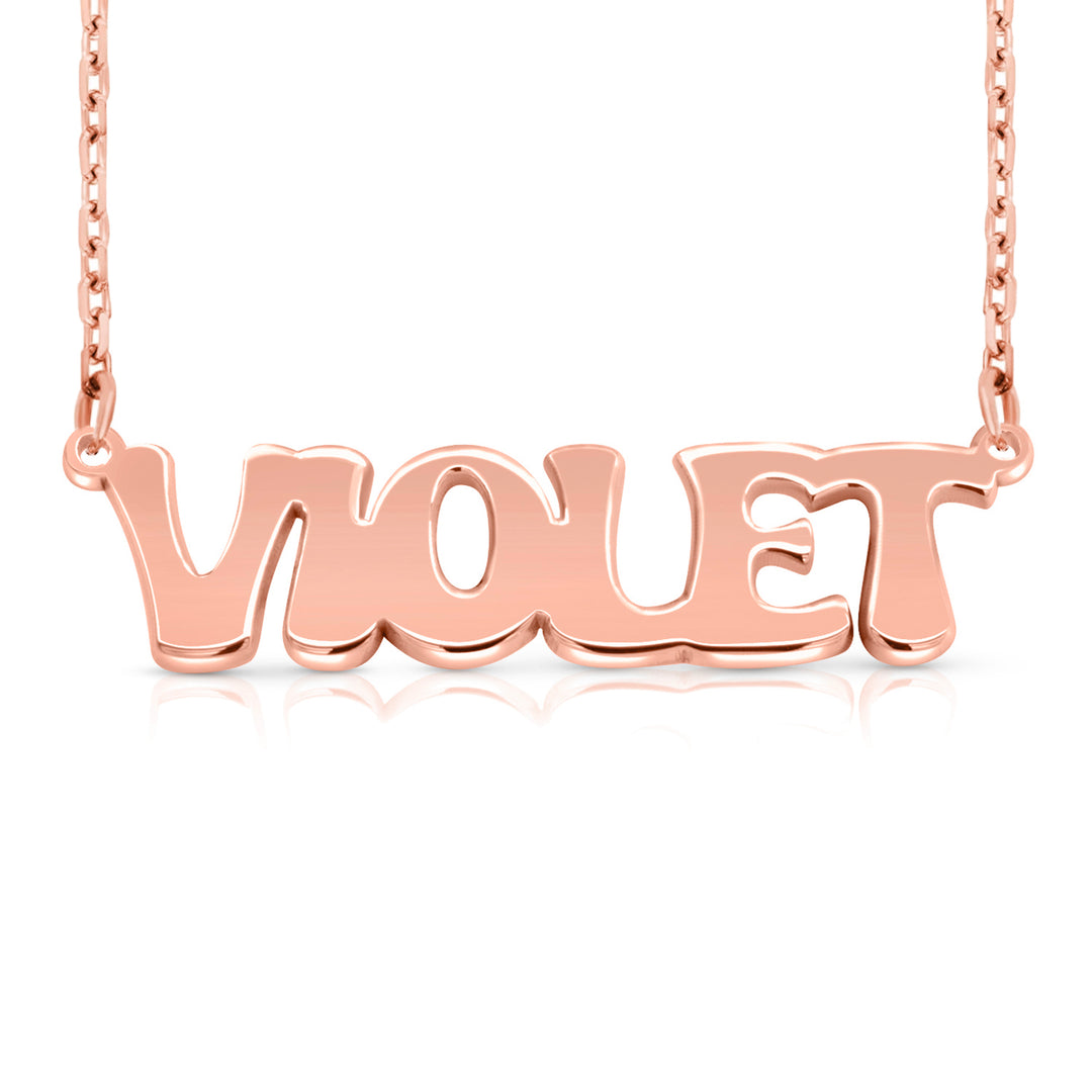 A sample of the nameplate with the name Violet in Rose Gold