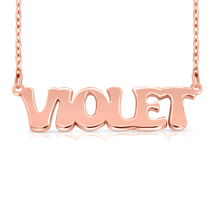 A sample of the nameplate with the name Violet in Rose Gold