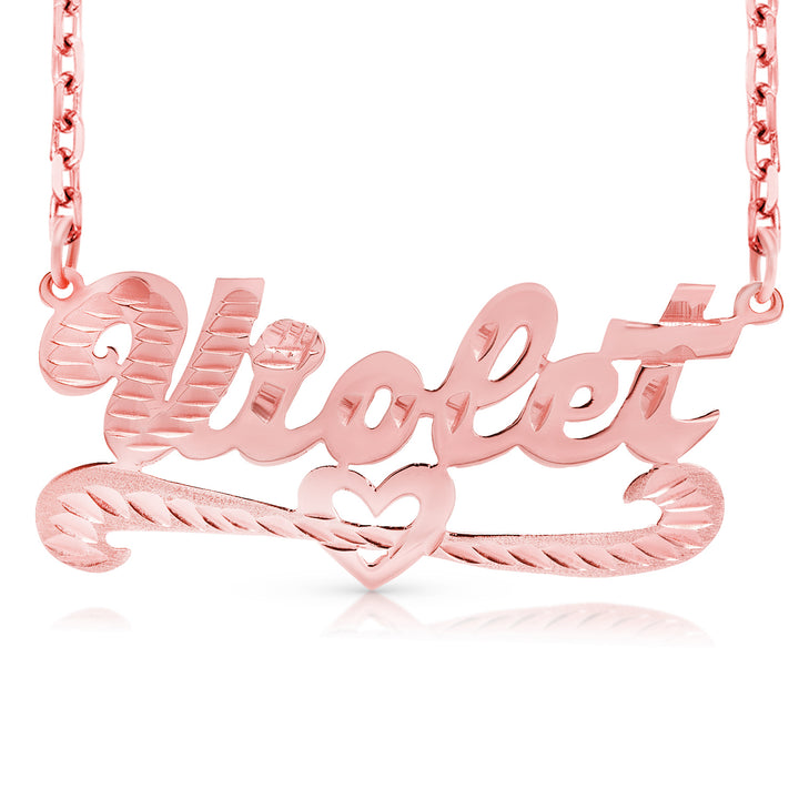 A Sample of the 14 Karat Diamond Cut Name Necklace with Strikethrough Heart with the name Violet in Rose