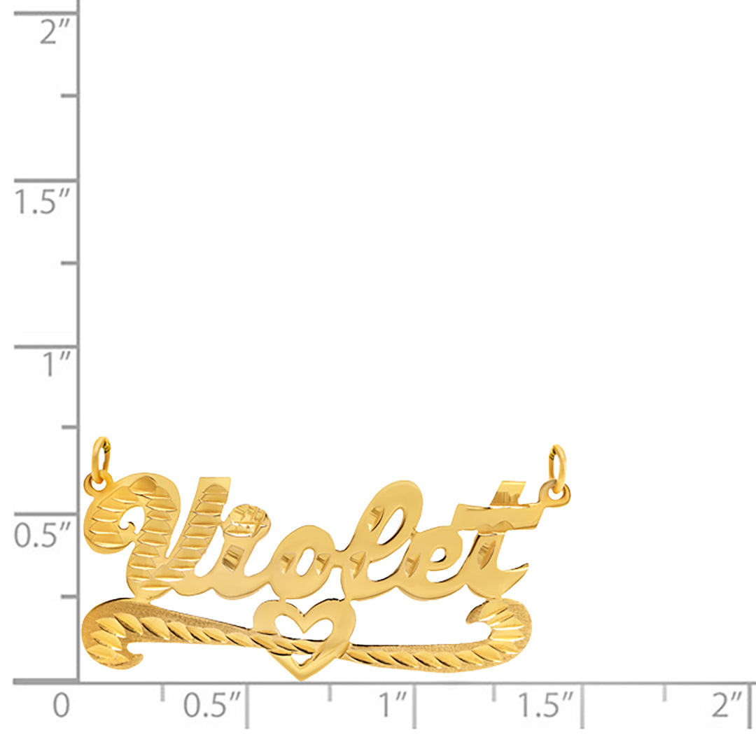 A Sample of the 14 Karat Diamond Cut Name Necklace with Strikethrough Heart with the name Violet on a size chart for reference