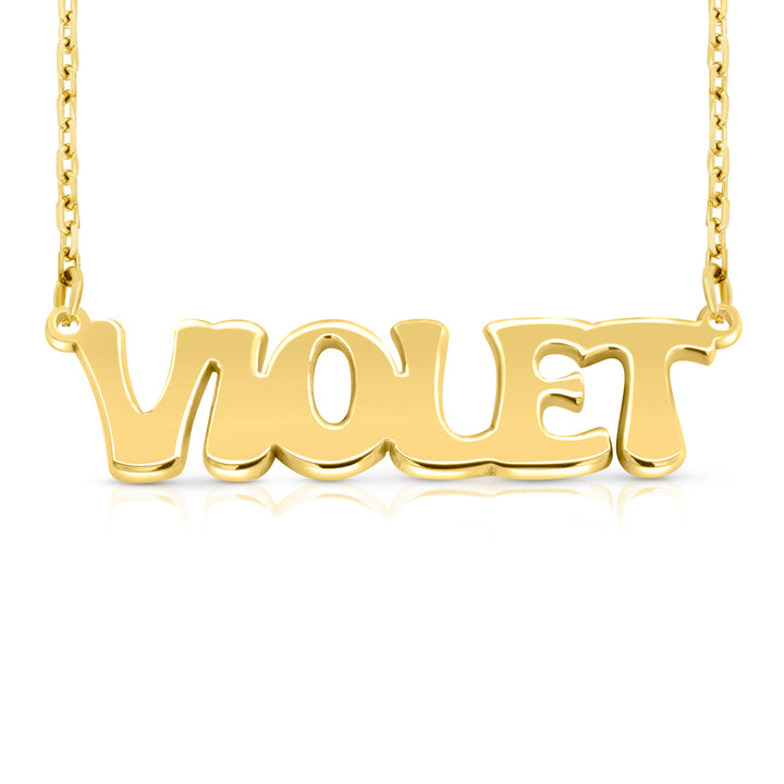 A sample of the nameplate with the name Violet in Yellow Gold