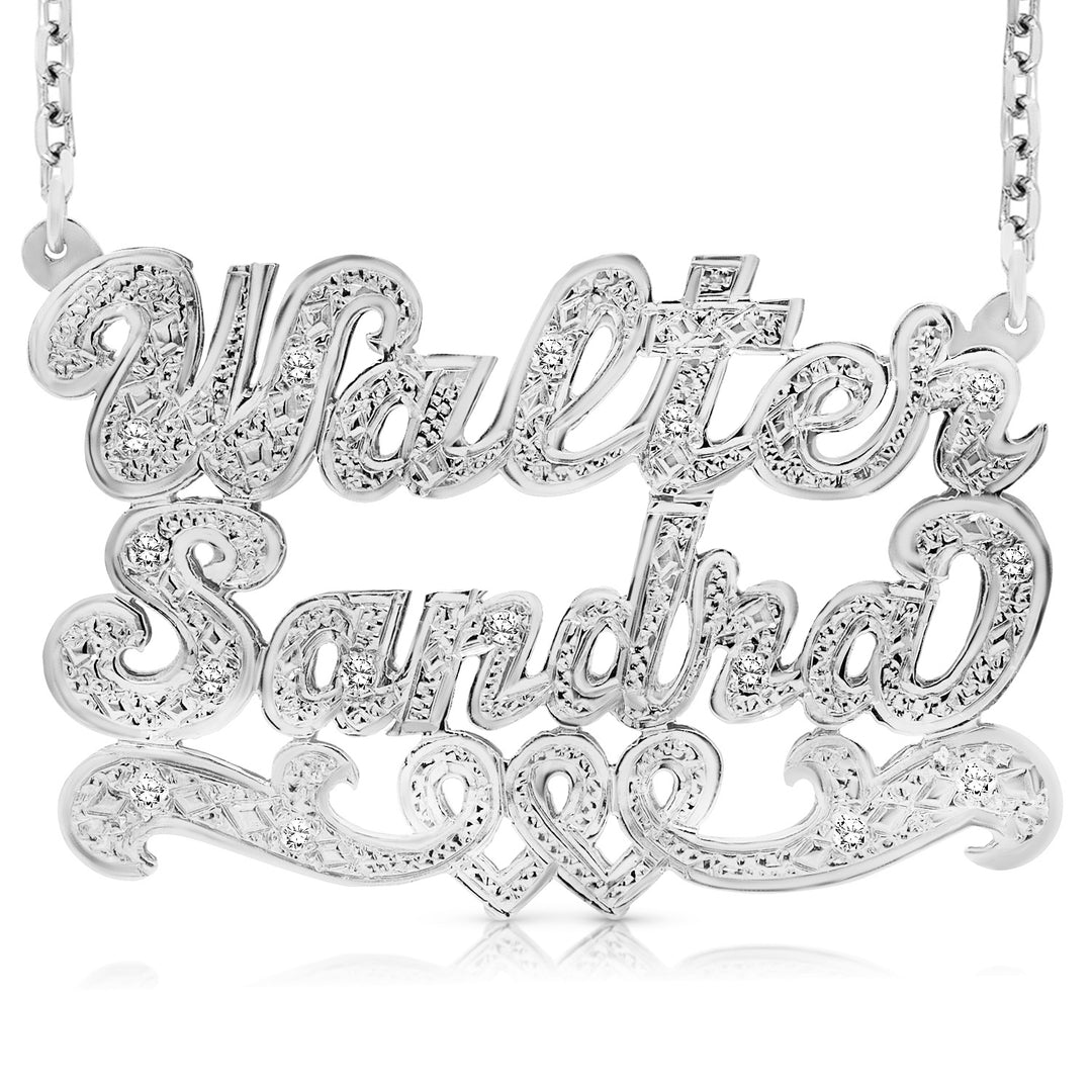 A Sample of the 14 Karat Two Name 3D Name Necklace with Intertwined Hearts with the names Walter and Sandra in White