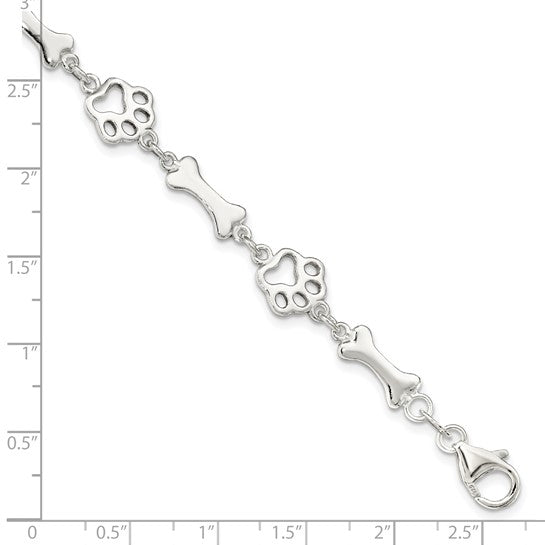 Sterling Silver Dog Bone and Paw 7.5 inch Bracelet