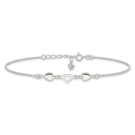 Sterling Silver Heart 10 inch Ankle Bracelet