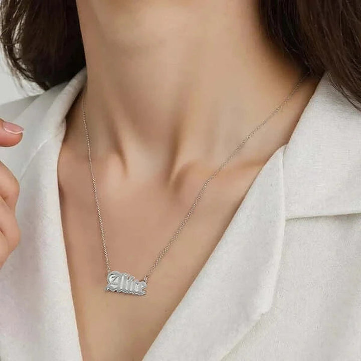 Model wearing the Sterling Silver Gothic Style Name Necklace personalized with the name Alice | AJ's Jewelry