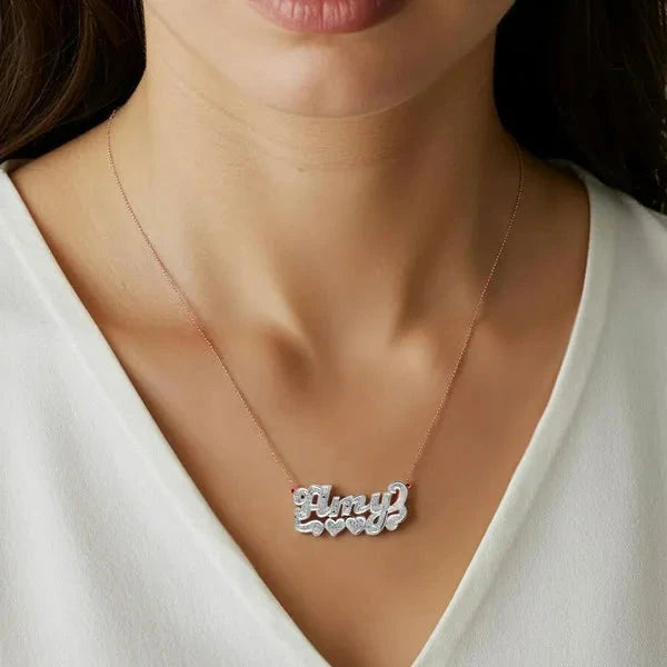 14 Karat Diamond Cut 3D Name Necklace with Two Hearts