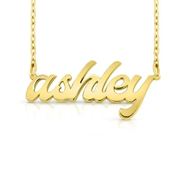 Gold necklace with 'ashley' pendant on a white background