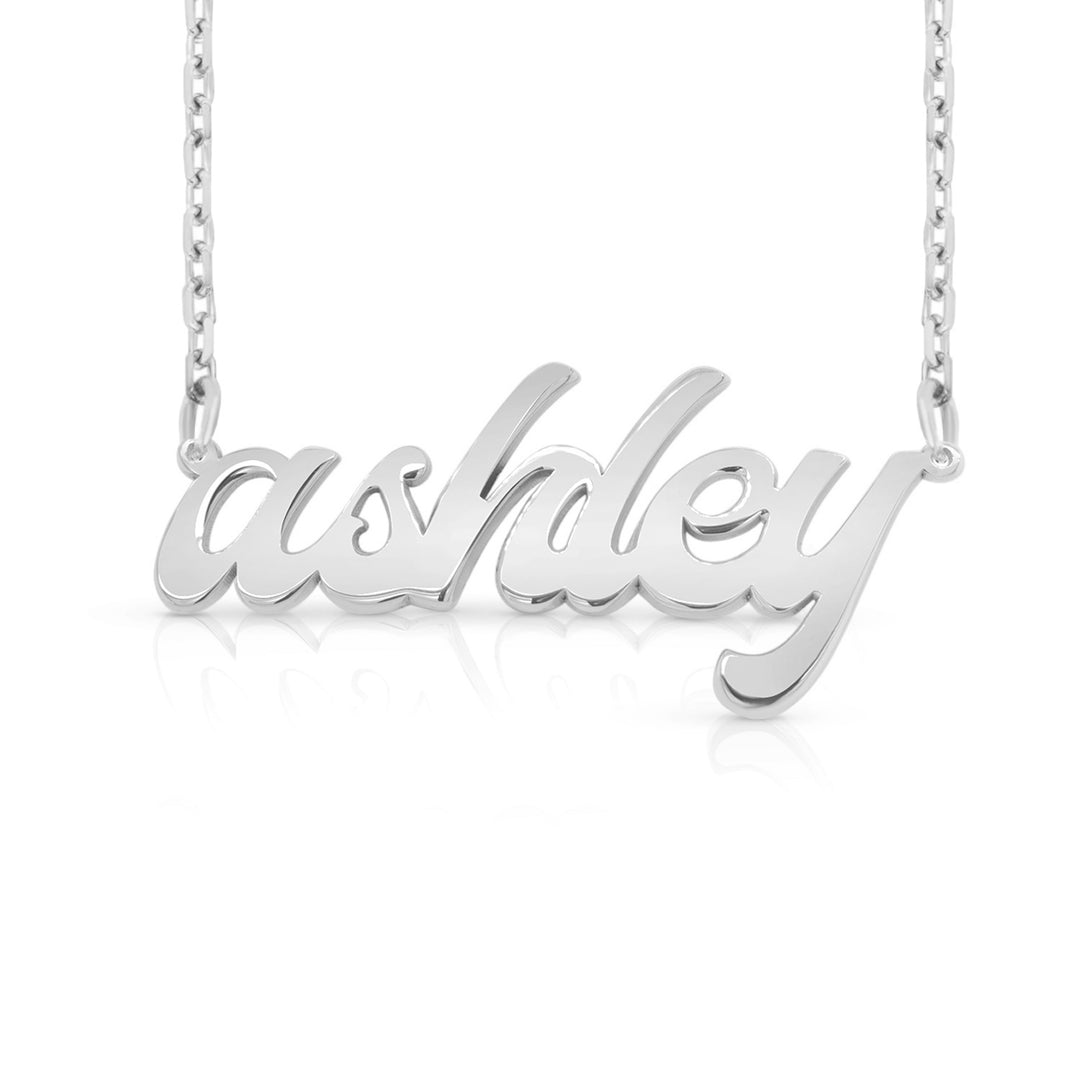 Silver 'ashley' necklace on a white background.  This photo can change appearance depending on the name input using the custom name builder