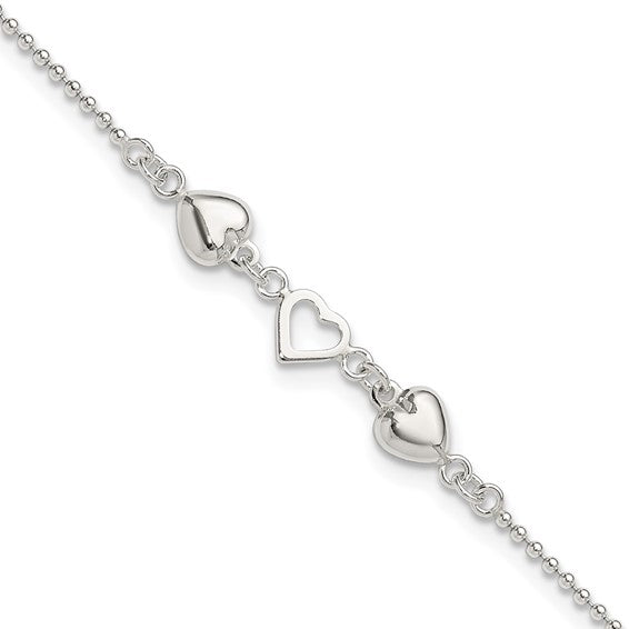 Sterling Silver Heart 10 inch Ankle Bracelet