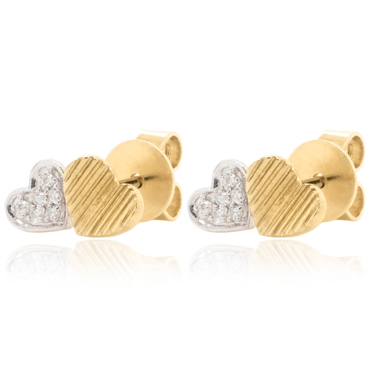 14 Karat Yellow Gold 0.04ct Diamond Two Heart Stud Earrings