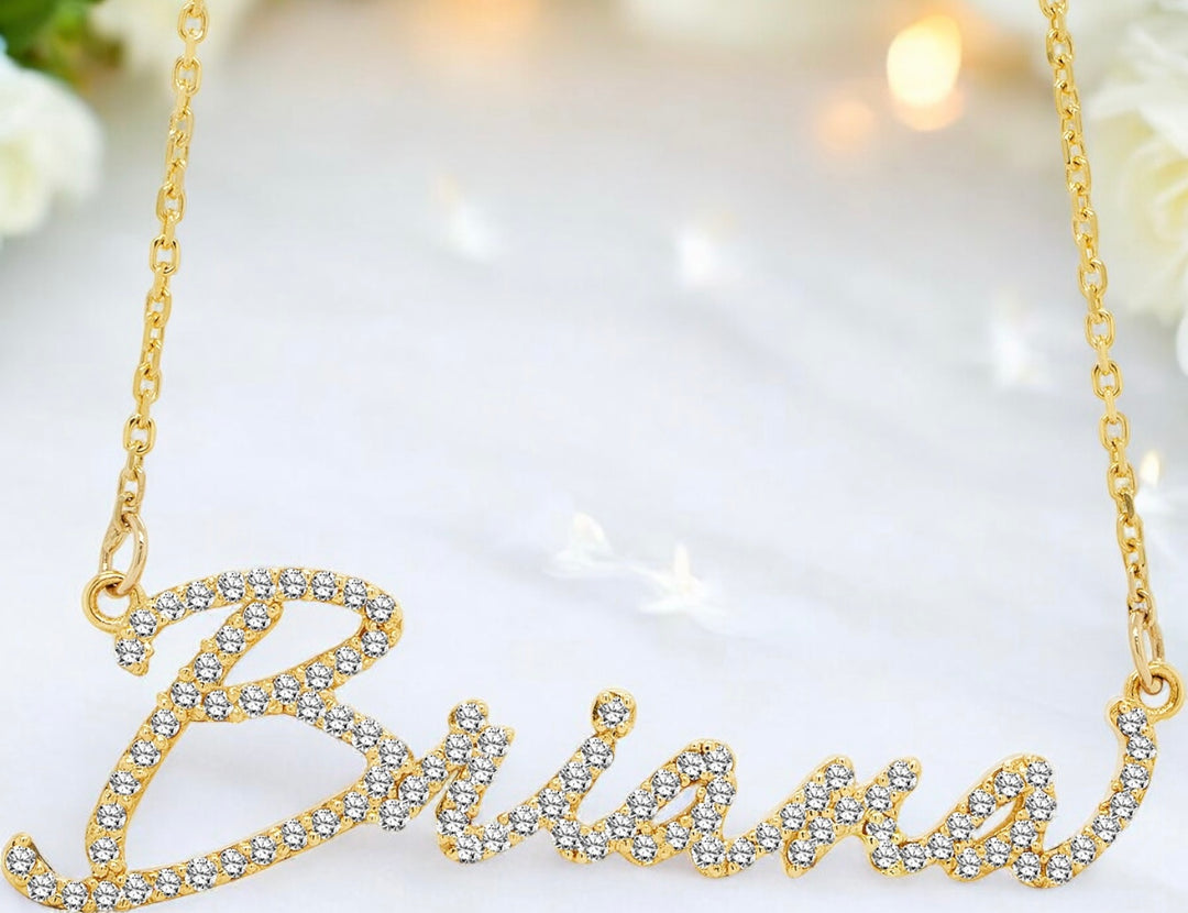 Completed Brianna 14kt yellow gold diamond nameplate close-up by AJ's Jewelry in Ridgewood Queens NY