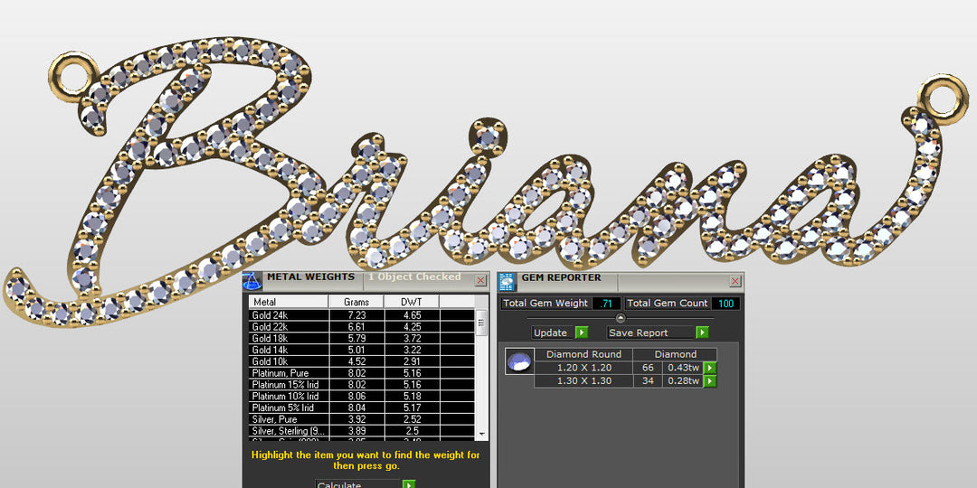 CAD rendering showing VS natural diamond layout across Brianna nameplate — AJ's Jewelry Queens NY