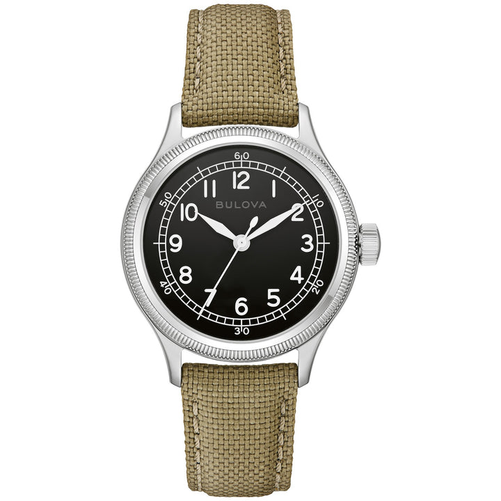 Bulova A-11 Jimmy men's watch with a black dial and khaki nylon strap, front view (96A354)