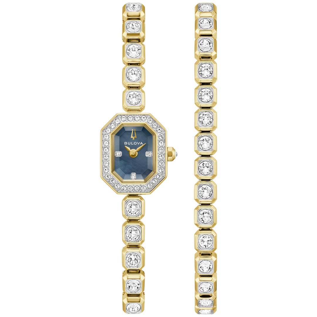 Bulova Crystal Box Set women's watch with a black mother-of-pearl dial and gold-tone bracelet, front view (98X143)