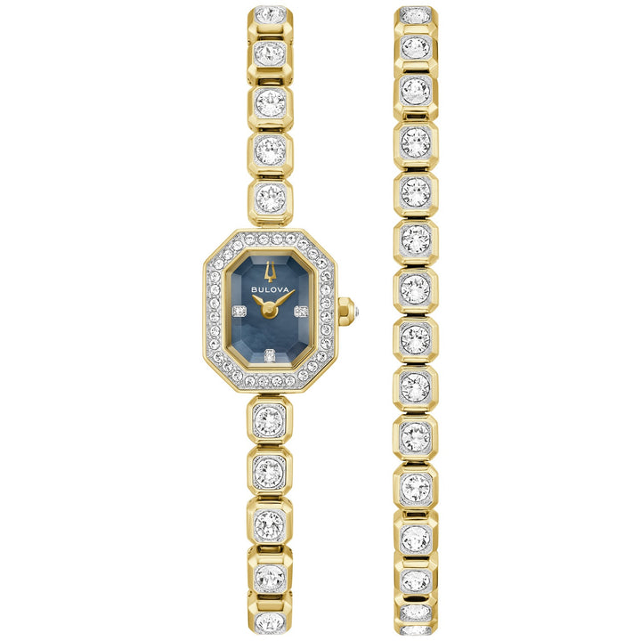 Bulova Crystal Box Set women's watch with a black mother-of-pearl dial and gold-tone bracelet, front view (98X143)