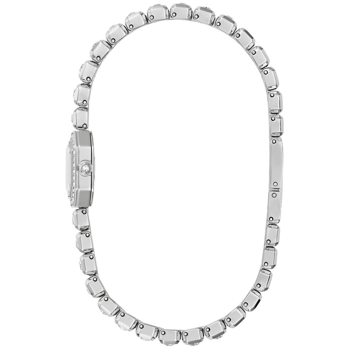 Side profile of the Bulova Crystal Box Set women's watch showing the case and silver-tone bracelet (96X168)