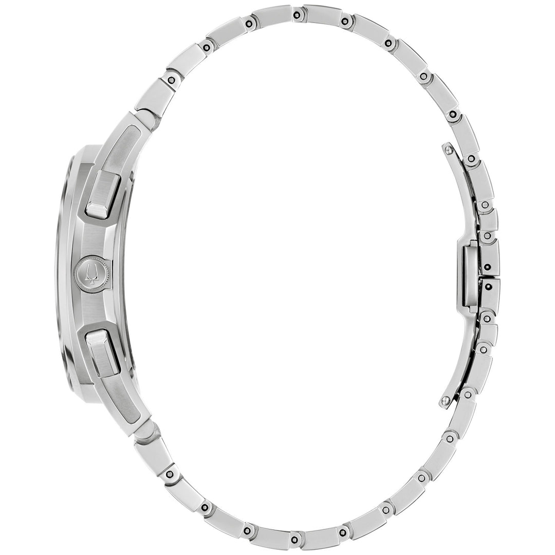 Side profile of the Bulova CURV 10th Anniversary Edition men's watch showing the case and silver-tone bracelet (96K117)