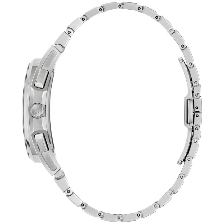 Side profile of the Bulova CURV 10th Anniversary Edition men's watch showing the case and silver-tone bracelet (96K117)