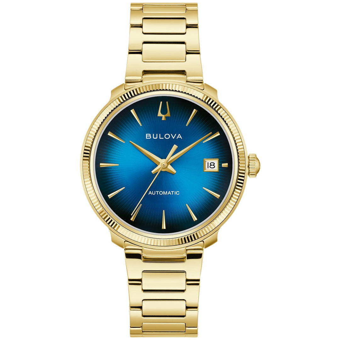 Bulova Disco men's watch with a blue gradient dial and gold-tone bracelet, front view (97B247)