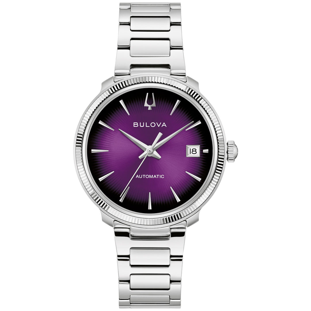 Bulova Disco men's watch with a purple gradient dial and silver-tone bracelet, front view (96B485)